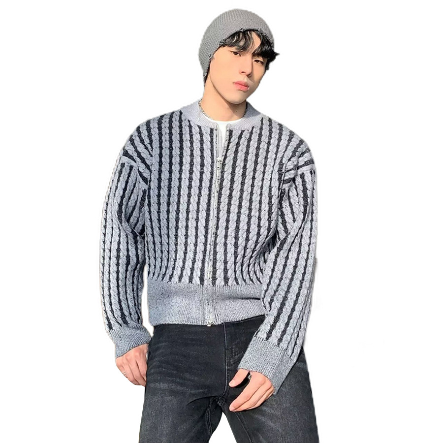 Explosiones transfronterizas de tamaño europeo suéter de jersey de gran tamaño hombre cardigan chaqueta corta de fábrica de rayas de torsión al por mayor