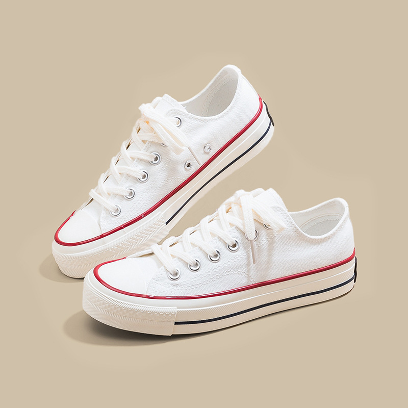 Zapatos de lona de tacón plano de mujer explosión baja estilo de moda coreano versátil estilo clásico retro nicho diseño zapatos de lona blancos image 7