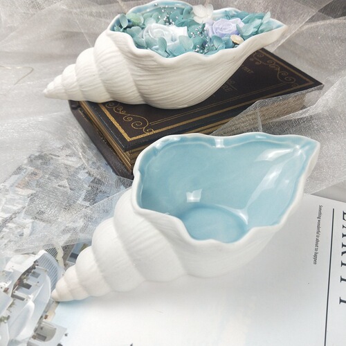 Pointed small conch ceramic blue ocean style immortal flower diy flower ornaments container jewelry storage ashtray
