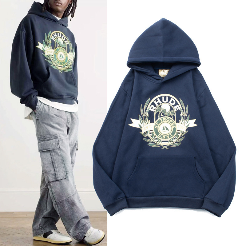 Cross-Border Wholesale European and American Hip-Hop Rhude Yacht Badge Leaf Letter Slogan Printed Hoodie Sweatshirt Jacket