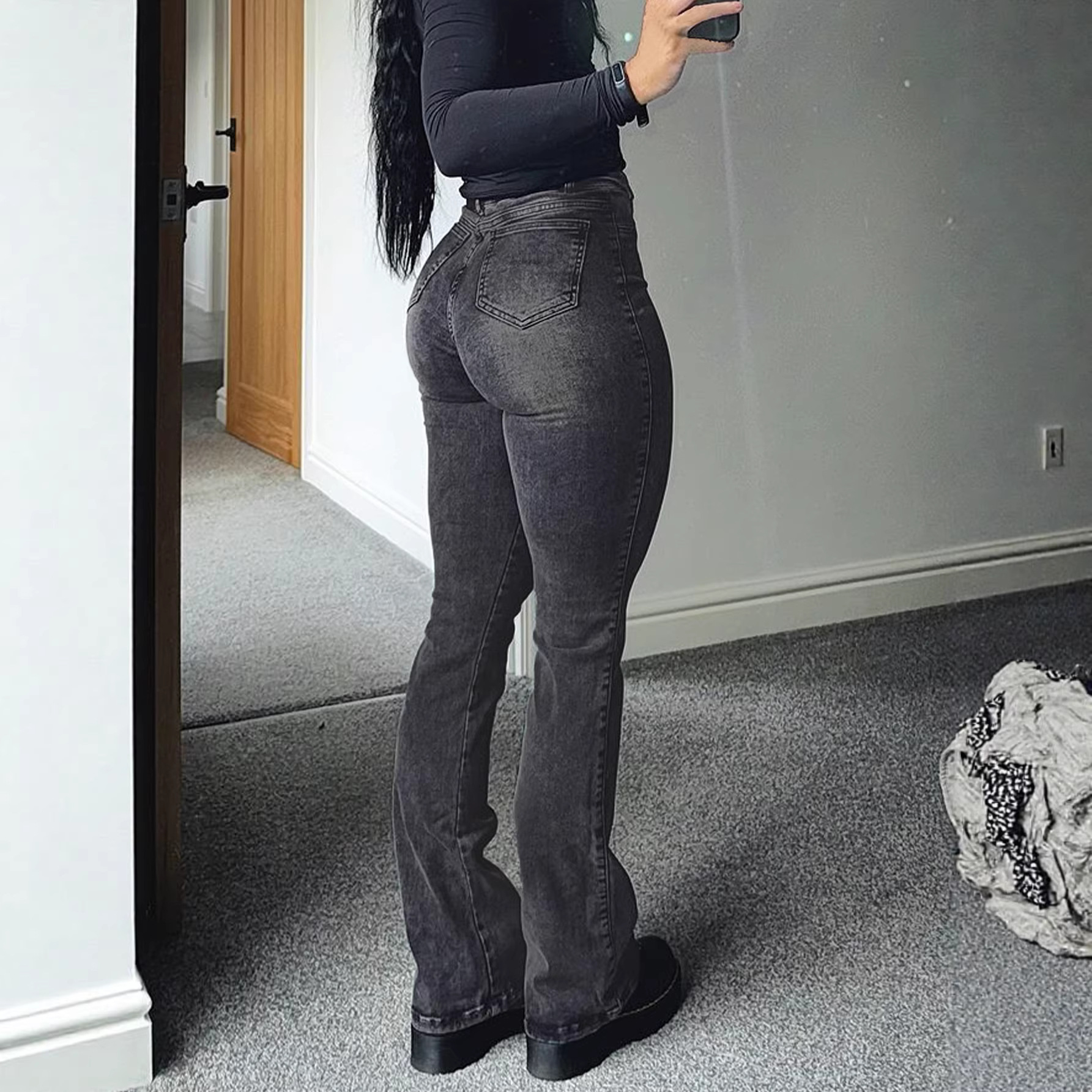 Women's Grey Stretch Flared Jeans High Waisted Vintage Bootcut_voghion.com