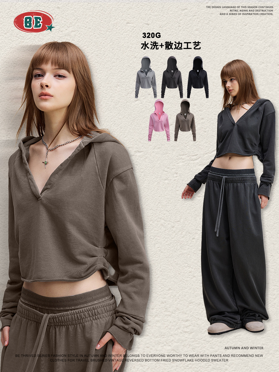 BE ropa de mujer de otoño de 2025 Europa y América vintage hottie chaqueta de cuello en V camiseta doblada corta con capuzas de manga larga chaqueta de mujer image 6