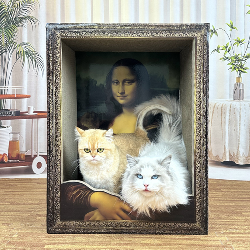 レトロモナリザ猫スクラッチボード猫の巣立体額縁油絵猫の巣猫のおもちゃオールインワンアート猫スクラッチボード|undefined