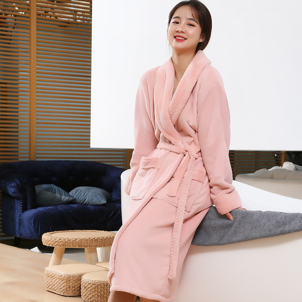 Coral velvet bathrobe pajama bathrobe home clothes water-absorbent long bathrobe hotel morning robe women pineapple plaid lapel bathrobe