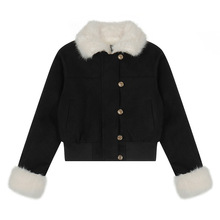 衣品男装黑色麂皮绒女短款修身皮毛一体2025秋冬新款加厚保暖棉服