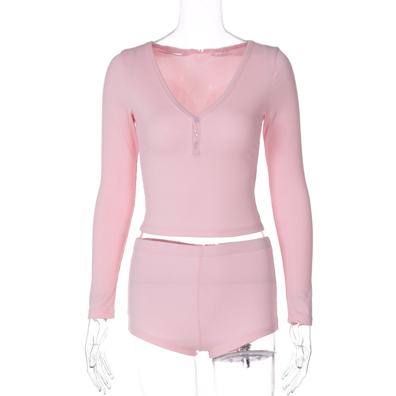 European And American Women's Sexy Low-Cut V-Neck Tight-Fitting Long-Sleeve Top Fashion Sports Style Ultra-Short Pants_ecoleips.com