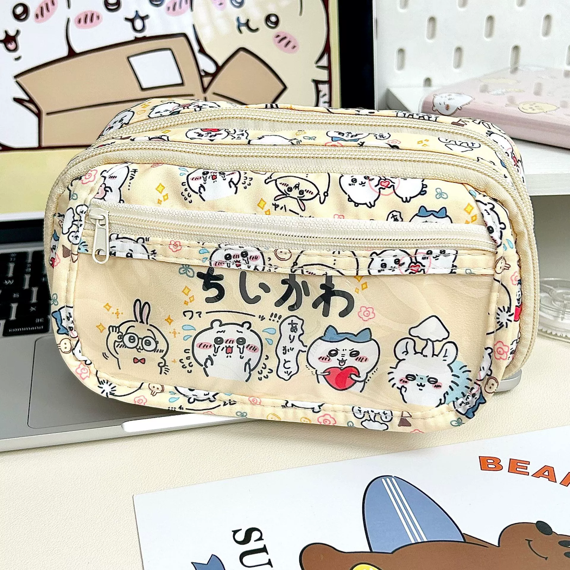 Multilayer capacious pencil case, cosmetic bag for students, kitten
