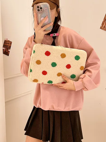 K-Style of the New Colorfulful Polka Dot Plush Computer Bag Tablet Bag Ins Plush Versatile Liner Bag Popular Cosmetics Bag