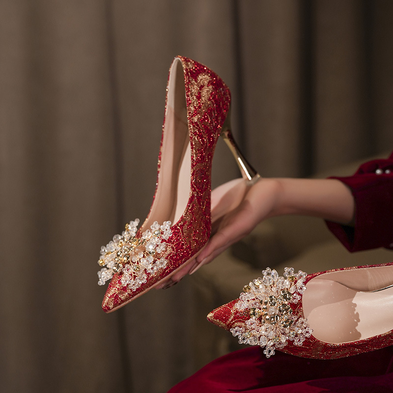 316-A301 New Chinese Style Red Wedding Shoes with Thin Heels for Women, Xiuhe High Heels, New Bridal Shoes, Large Size, Extra Wide
