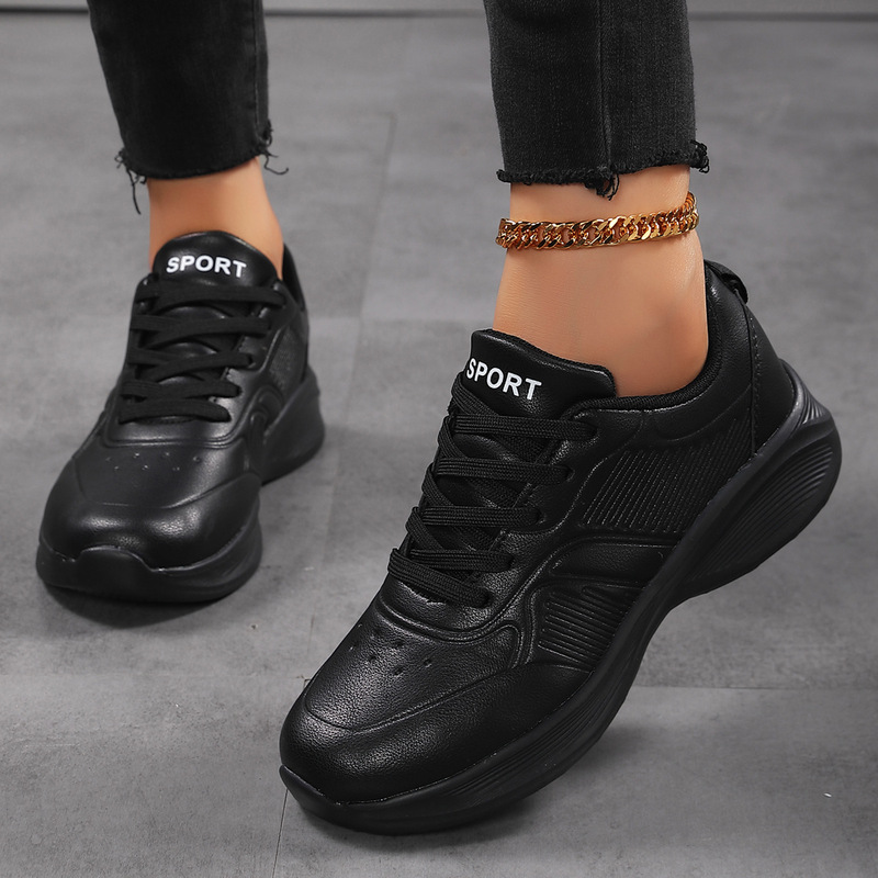 Cross-border Full Black sneaker Women's Autumn Leather Waterproof Soft Bottom Light Pure Black Long-standing Work Shoes