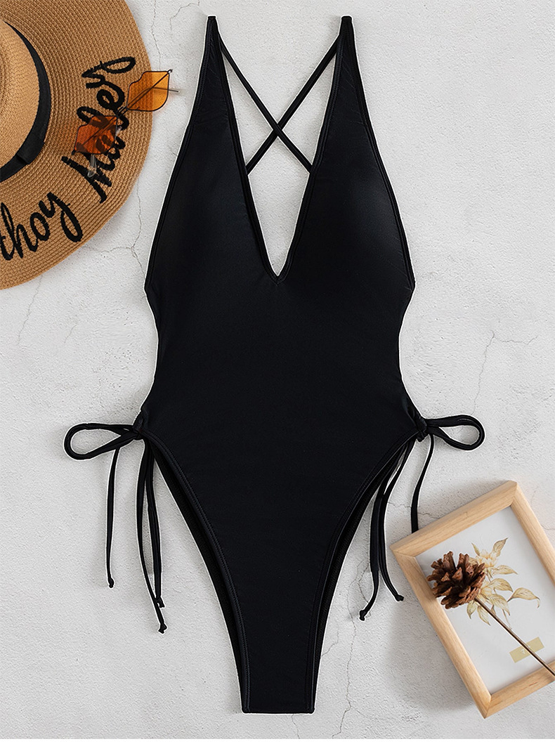 One-piece Swimsuit Deep V Neck Sexy Solid Colour Beach Bikini_voghion.com