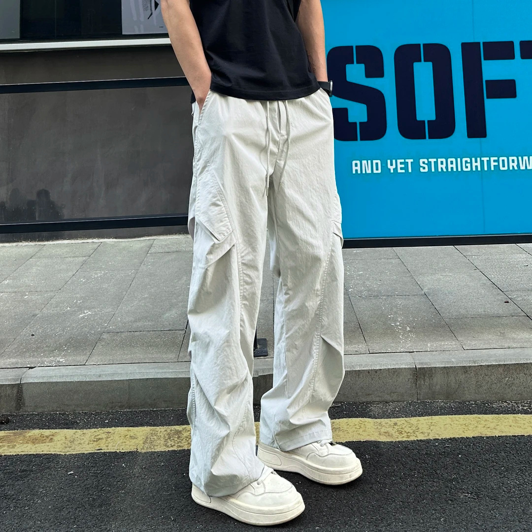 White Floral Gray Pleated Parachute Pants for Men, Thin Quick-Dry Multi-Pocket Cargo Pants, Straight-Leg Sports Elastic Casual Hiking Pants