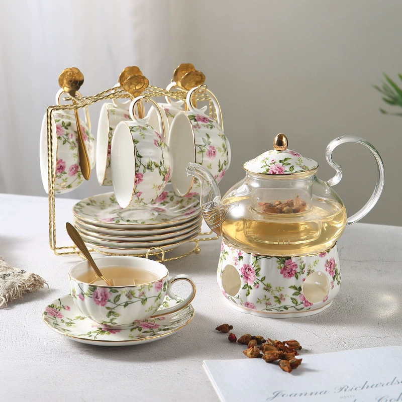 Чайный набор в европейском стиле: фруктовый чай, цветочный чай в пасторальном стиле, цветочный чайник, стеклянная чашка с подогревом и фильтром, керамическая чашка для воды, чашка с блюдцем, чайник для заваривания.