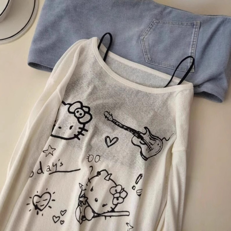レイジーシルダーキティ微透け長袖Tシャツレディース夏デザインニッチルーズ薄手日焼け止めブラウストップ|undefined
