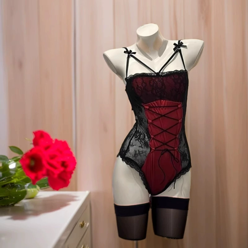 Red lace belt, underwear, uniform