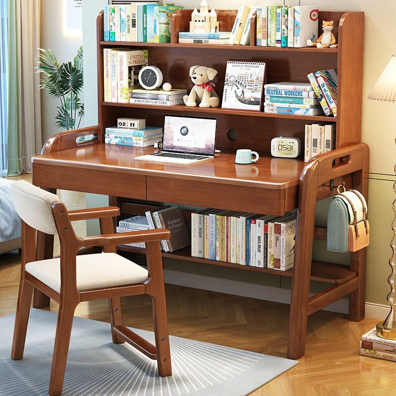Solid Wood Desk Bookshelf Integrated Table Home Bedroom Primary and Secondary School Students Liftable Writing Desk Girls and Children Study Table