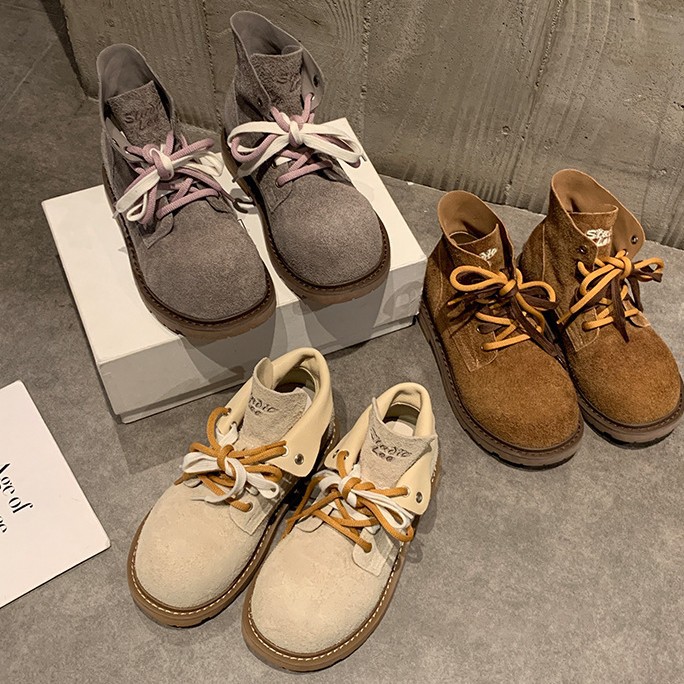 Grape Mom's New Autumn and Winter Style Increases Height by 4Cm~Fashionable Large Round Toe Contrasting Color Double Shoelaces Short-Tube Boots for Women in Autumn