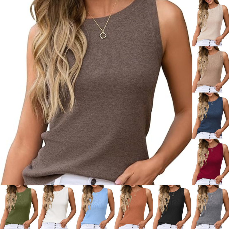 Cross-border European and American 2026 Summer New Sleeveless Knit Vest for Women, Solid Color Slim Fit Round Neck Casual Top for Outerwear
