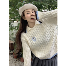 2022冬季女裝穿搭韓版學院風減齡刺綉氣質翻領顯瘦針織毛衣上衣女