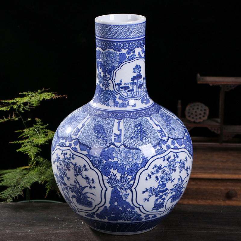Flores azules grandes botellas de flores de cerámica Jingdezhen porcelana puerta de entrada decoración de la sala de estar