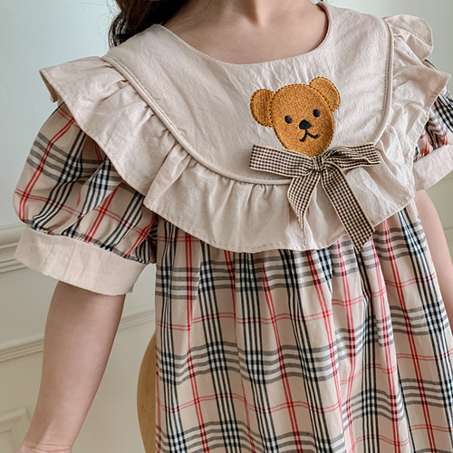 Bear Embroidery Grid Children's Dress 2024 Summer New Moss Edge Girls' Baby Dress Short Sleeve Dress