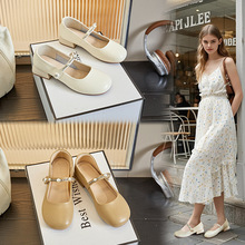 法式浅口小皮鞋2025春季新款简约气质凉鞋一字带珍珠通勤休闲单鞋