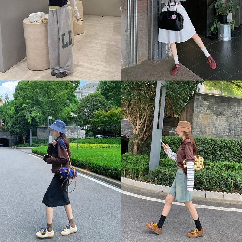 葡萄妈同款现货~ 增高3cm~ 时髦撞色鞋带圆头松果休闲德训鞋女|undefined