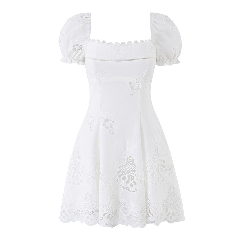 2026 New Fresh and Sweet Heavy-Duty Hollow Embroidery Short Dress with Vintage Square Neck and Puff Sleeves Mini Dress 2026 New Fresh and Sweet Heavy-Duty Hollow Embroidery Short Dress with Vintage Square Neck and Puff Sleeves Mini Dress