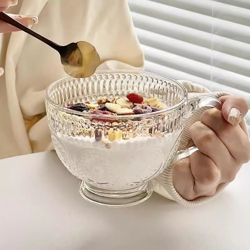 复古浮雕太阳花杯玻璃早餐杯家用牛奶杯大容量燕麦杯礼品水杯批发