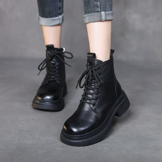 【清仓福利价】头层牛皮简约百搭二棉黑色系带马丁靴女秋冬新款加