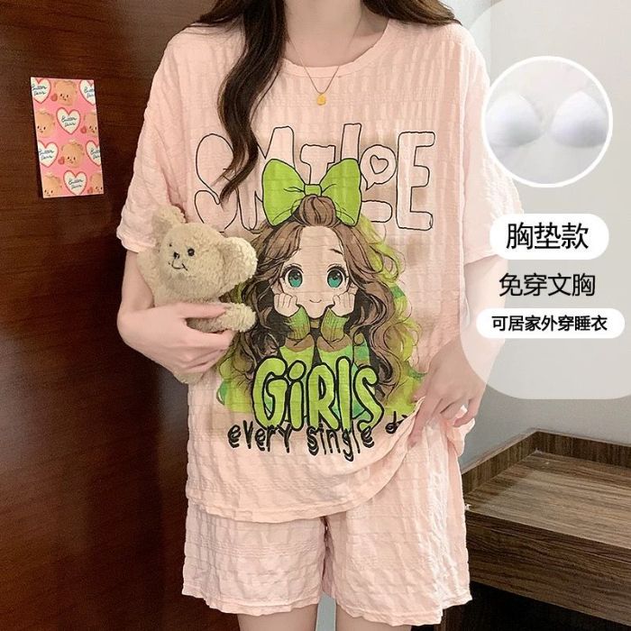 Pijamas transfronterizos al por mayor con almohadillas para el pecho, pantalones cortos de manga corta para mujer