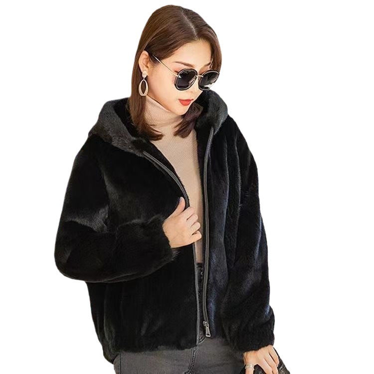 Kunstbont jas dames met capuchon nerts look korte winterjas_voghion.com