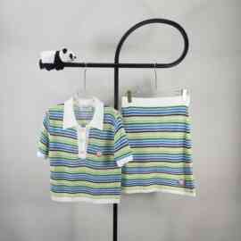 卡萨casa套装女 镂空编织翻领短袖搭配撞色条纹针织短裙 跨境欧美