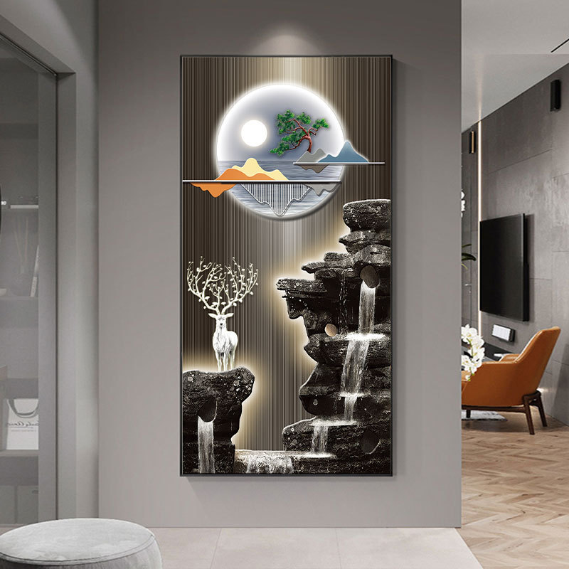Pintura decorativa de vestíbulo de lujo ligero de alto nivel de alce hojas doradas pasillo colgar pintura de la sala de patrón colgar pintura suave