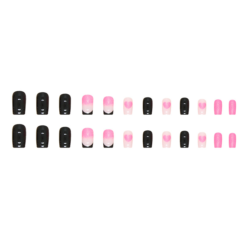 Canard mandarin noir de style européen, moyen à long, art avec dégradé de cœur rose, faux produits pour ongles_voghion.com