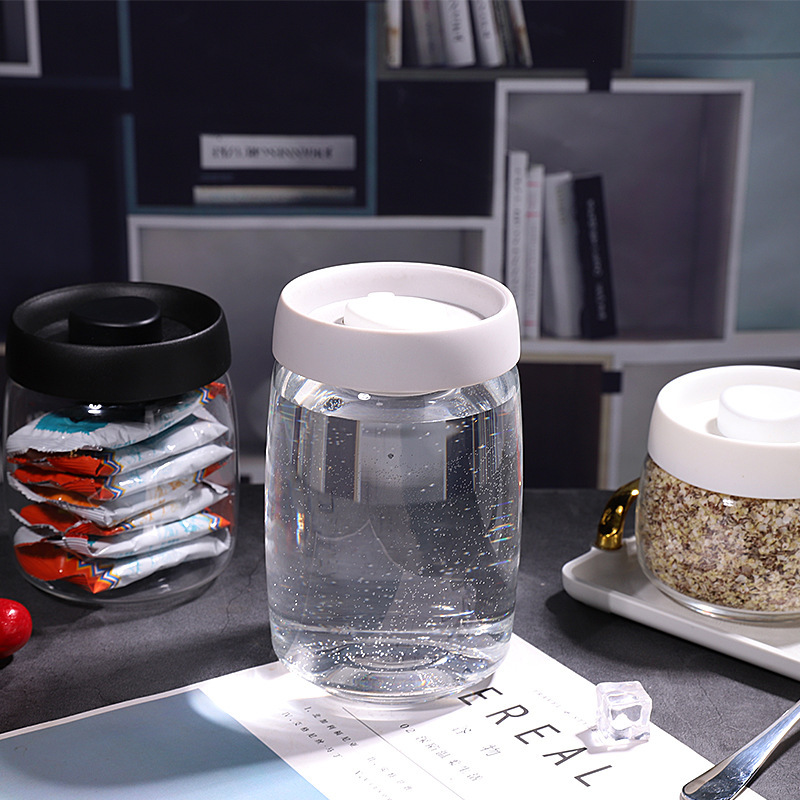 Botón de vidrio tanque de almacenamiento de presión de vacío tipo tanque de sellado de granos granos granos café té tanque de almacenamiento de cocina