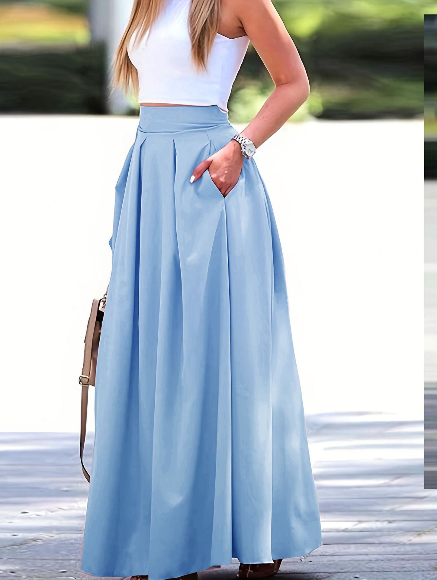 Amazon transfronterizo europeo y americano nuevas mujeres más tamaño color sólido cintura alta casual suelta una línea Maxi falda