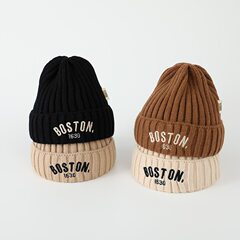 BOSTON字母儿童毛线帽套头帽宝宝针织帽婴儿秋冬保暖帽子男女百搭