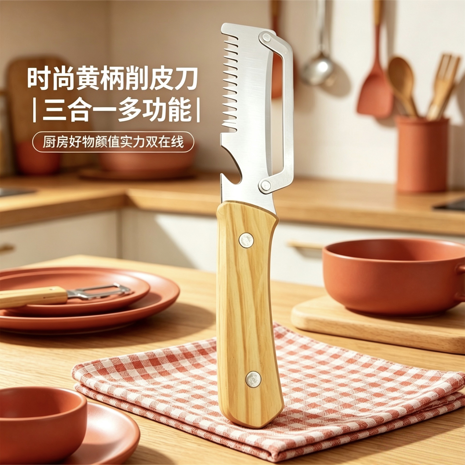 Cuchillo de pelado multifuncional (19cm + mango de madera amarillo) de calidad alemana 3 en 1