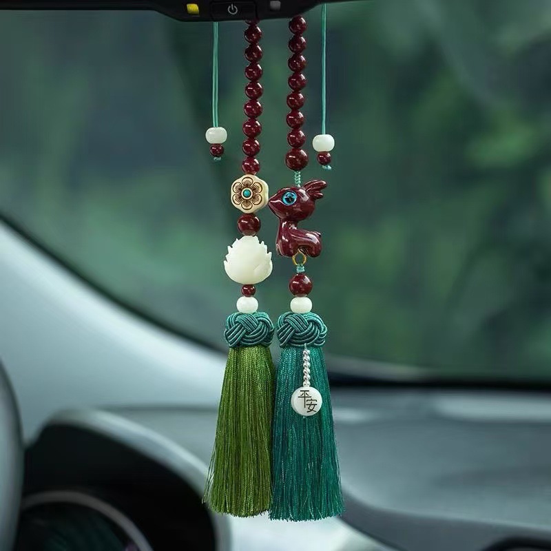 Rearview Mirror, Qìchē Car hanging - cinnabar-red-deer-double-tassel