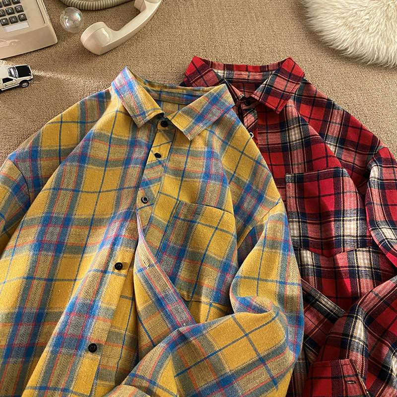 Japanese-style Sanding Flannel Long-sleeved Shirt Men's Spring and Autumn Fashionable Plaid Retro Loose plus size Shirt Jacket