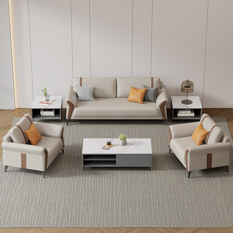 Sofá de oficina de lujo ligero, cuero, área de salón de negocios moderna, sala de recepción VIP, combinación de mesa de centro de sofá de jefe