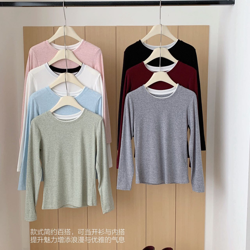 Korean-Style Fabric Layered Color Round Neck Base Shirt Early Autumn Skin-Friendly Versatile Slimming Color-Block Long-Sleeve Solid Color Top T-Shirt Korean-Style Fabric Layered Color Round Neck Base Shirt Early Autumn Skin-Friendly Versatile Slimming Color-Block Long-Sleeve Solid Color Top T-Shirt