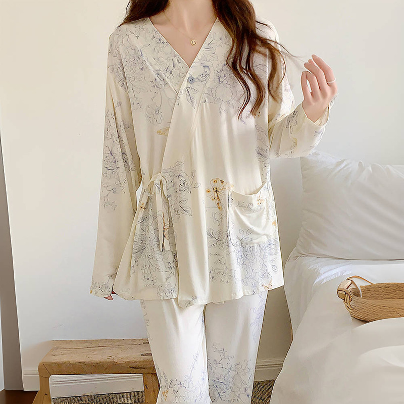 Modal confinement clothing summer thin postpartum two-piece Maternity Nursing pajamas lace kimono spring and autumn home wear