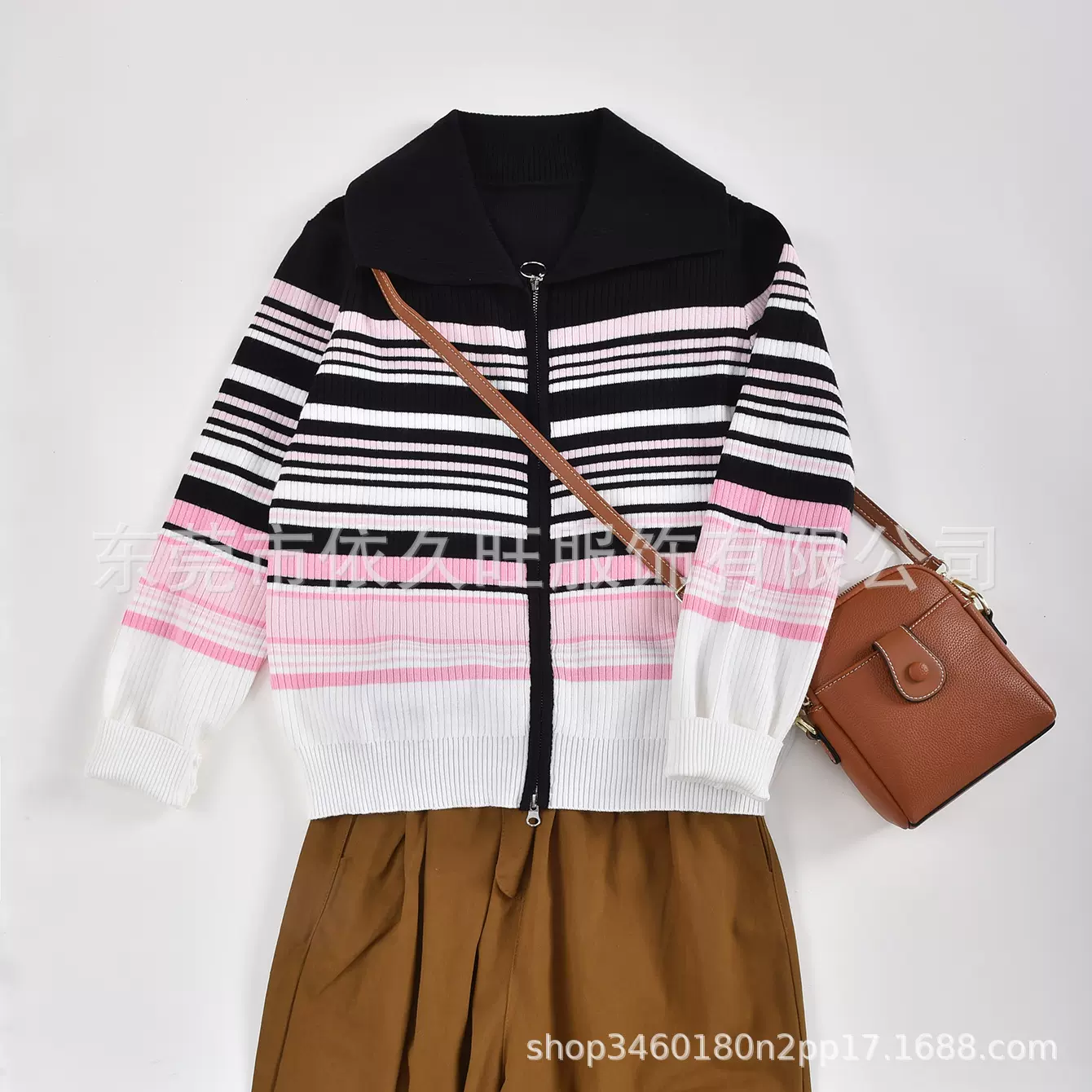 大码女装条纹高级感翻领针织衫上衣女秋冬季2025新款拉链时尚毛衣