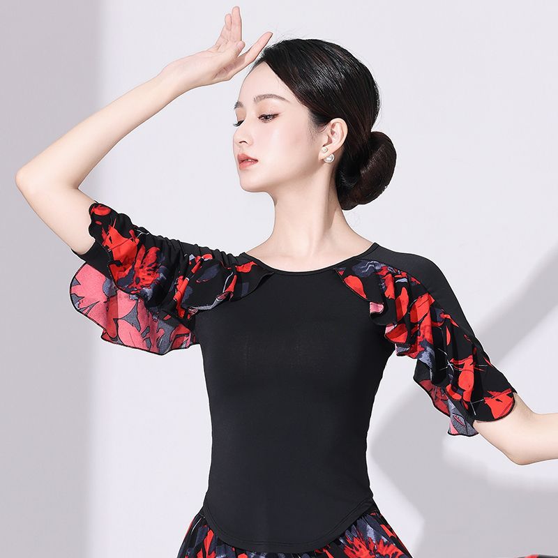 Modern Dance Top Women's Middle Sleeve Color Dance Top Square Ballroom Dance Shirt Women's Ballroom Dance Dress 2024 Summer