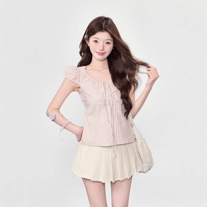 French-Style Sweet Shirt for Women 2025 Summer Slim-Fit Versatile Short Tie Shirt U-Neck Short-Sleeve Top Trendy