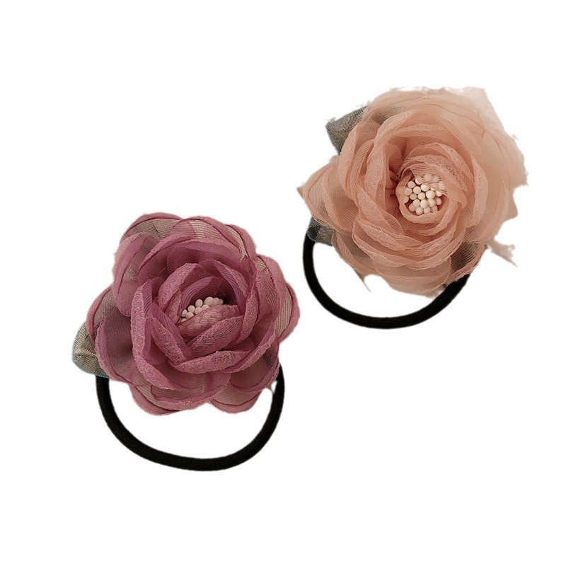 Nuevo anillo de cabello de flores de malla de goma de goma de goma de cabello de la chica de la cola de cabello de la chica pequeña fragancia
