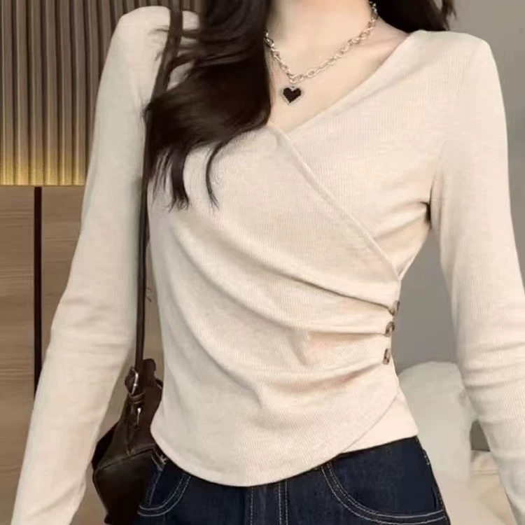 Дизайн нерегулярный осень новый крест V-образный вырез с длинным рукавом футболка тонкая и стильная плюшевая рубашка с длинными рукавами