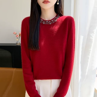 法式钉珠圆领羊毛衫女秋冬软糯慵懒风套头针织衫高级感打底毛衣女